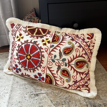 Oblong Silk Embroidered Suzani Cushion Multicoloured, 7 of 11