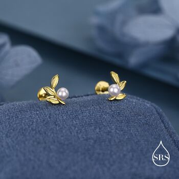 Sterling Silver Pearl Leaf 16 G Flat Back Earrings Internally Threaded, 5 of 11