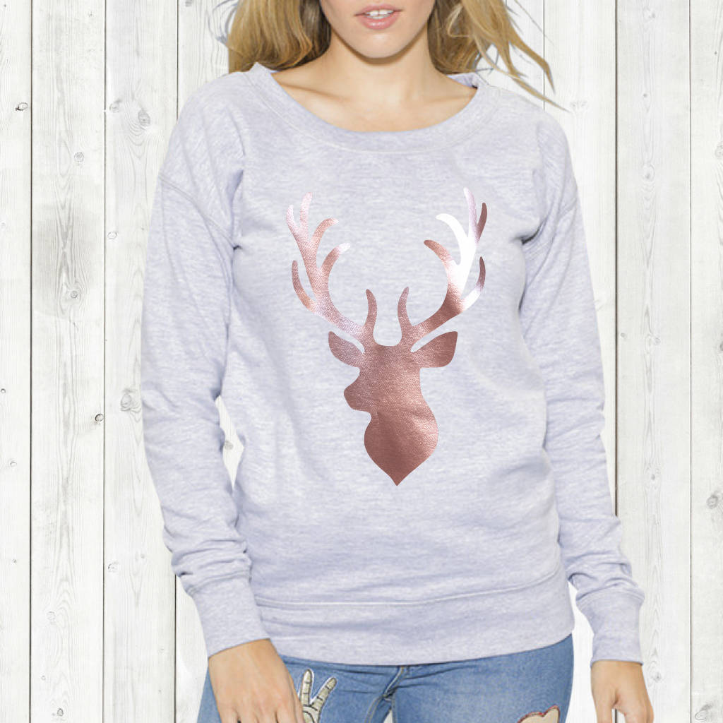ladies christmas jumper rose gold stag by betty bramble
