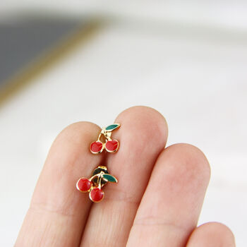 Girls Red Cherries Enamel Stud Earrings, 3 of 8