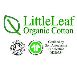 Logo for LittleLeaf Organic in green with a drawn leaf. GOTS and Soil Association certifications are also displayed here.