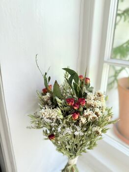 Dried Statice Bouquet With Red Spray Roses And Foliage, 5 of 5
