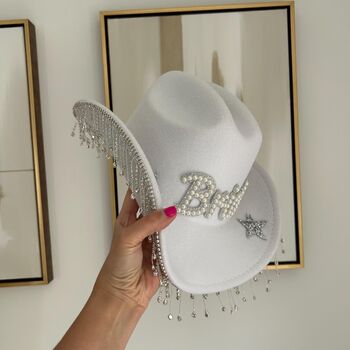 Bride To Be Pearl And Diamante Embellished Cowboy Hat With Fringe, 3 of 3