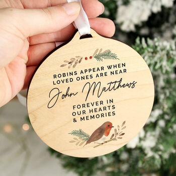 Personalised Robin Memorial Round Wooden Decoration, 2 of 3