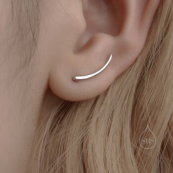 Sterling Silver Minimalist Curved Bar Crawler Earrings, 2 of 10