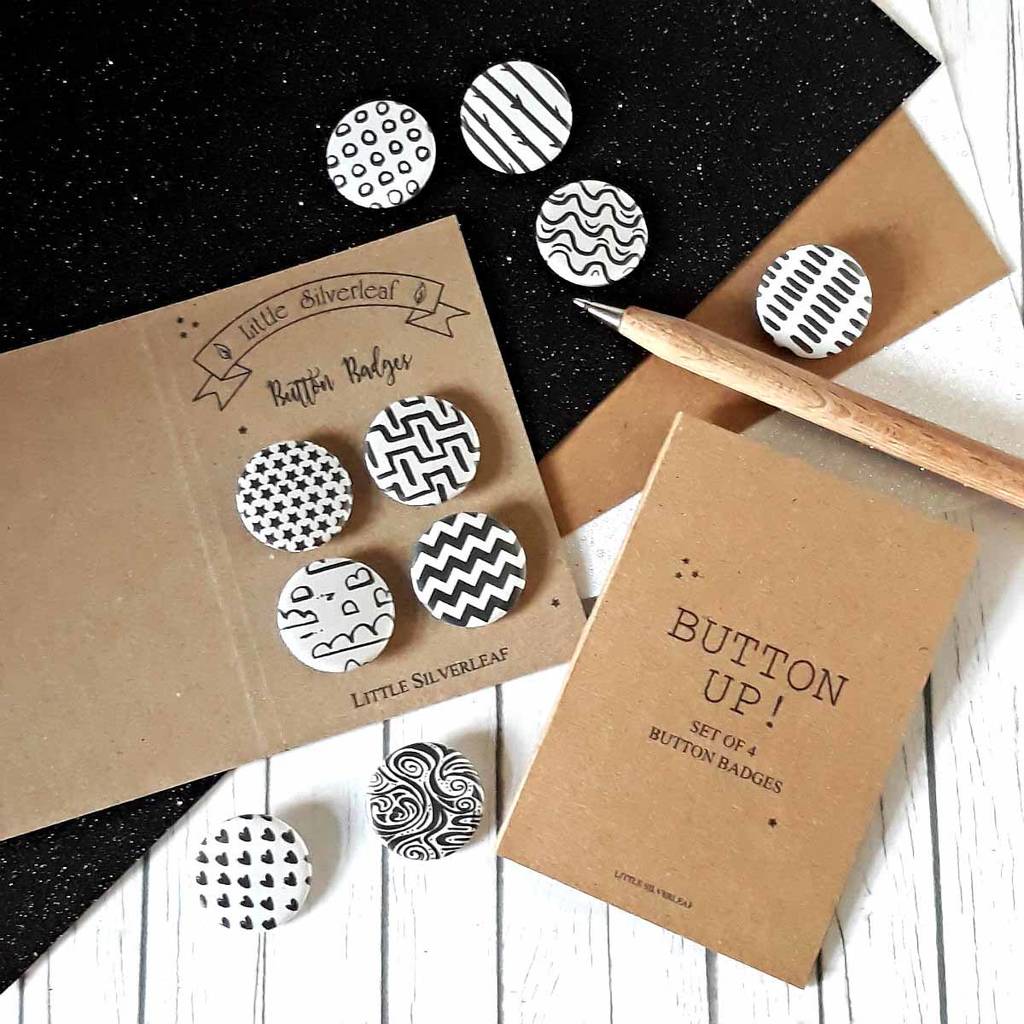 Monochrome Black And White Badge Set, Any Four Patterns, 1 of 5