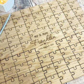 Personalised Oak Jigsaw Wedding Alternative Guestbook 82 Pieces, 5 of 6