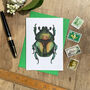 Hand Drawn Green Beetle Illustrated Blank Greeting Card, thumbnail 1 of 10
