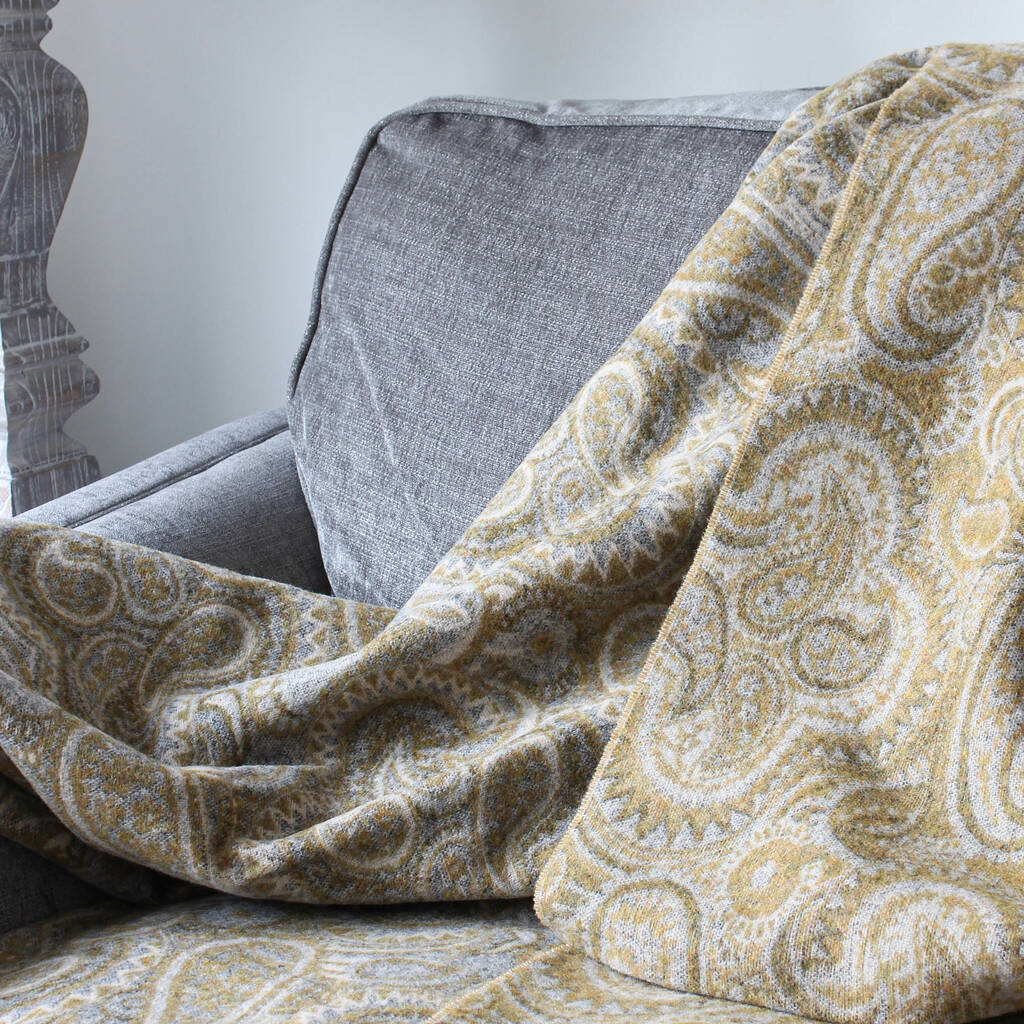 ochre and grey paisley lambswool throw by marquis & dawe