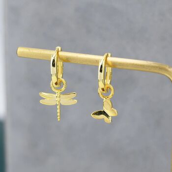 Mismatched Butterfly And Dragonfly Huggie Hoops In Sterling Silver, 5 of 12