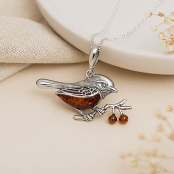Personalised Sterling Silver Baltic Amber Robin Pendant Necklace, 3 of 9