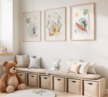 Whimsical Safari Animal Surfers Wall Art Print Set, 3 of 5