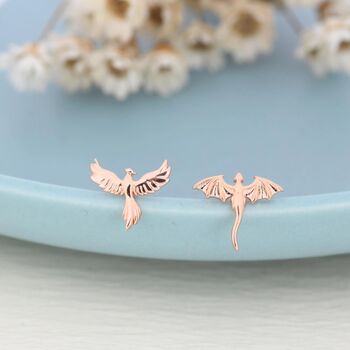 Extra Tiny Mismatched Dragon And Phoenix Stud Earrings In Sterling Silver, 7 of 12