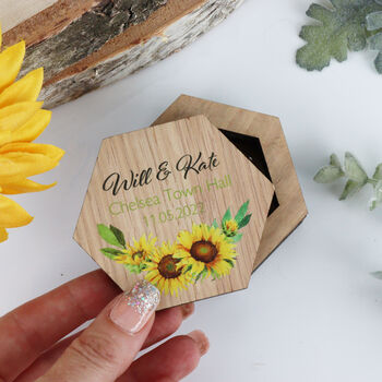 Personalised Wooden Wedding Ring Box Sunflower, 2 of 9