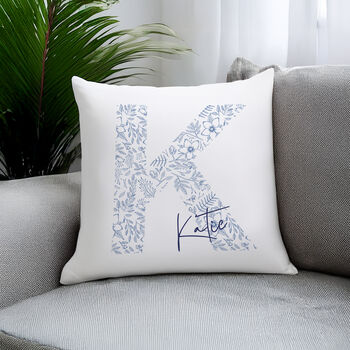 Personalised Floral Blue Initial Cushion Gift For Her, 3 of 4