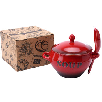 Red Ceramic Soup Bowl With Spoon And Gift Box, 3 of 5