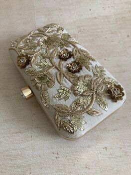 Cream Gold Embroidered Rectangular Clutch Bag, 3 of 10