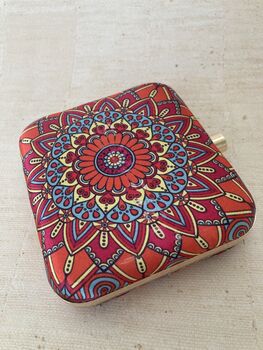 Devi Bright Orange Square Digitally Printed Clutch Bag, 5 of 9