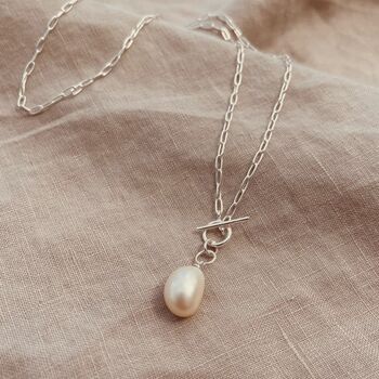 Sterling Silver T Bar Pearl Necklace, 6 of 7