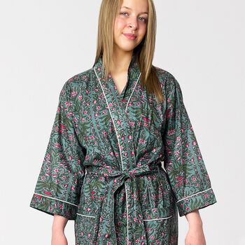 Grey And Pink Flower Print Cotton Dressing Gown Kimono, 3 of 10
