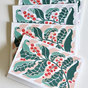 Candy Stripes And Holly Leaves Linocut Notecard Set Of Eight, 4 of 12