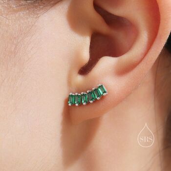 Sterling Silver Emerald Green Baguette Cz Stud Earrings, 2 of 11