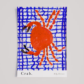 Crab On Blue Tablecloth Seafood Illustration Kitchen Poster, 3 of 12