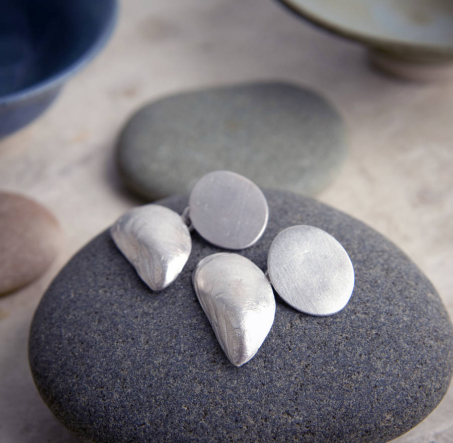 Image of Solid Silver Personalised Mussel Shell Cufflinks, Silver