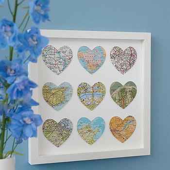 Wedding Anniversary Nine Map Hearts Wall Art Gift, 9 of 12