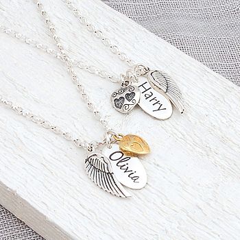 Personalised Silver Name Necklace with Angel Wing and Heart Charms, 2 of 10