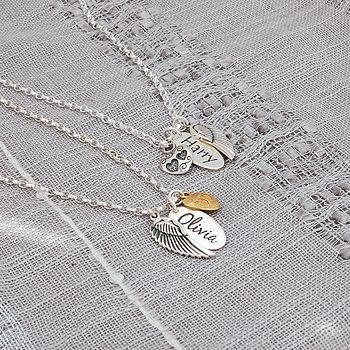Personalised Silver Name Necklace with Angel Wing and Heart Charms, 4 of 10