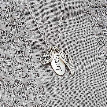 Personalised Silver Name Necklace with Angel Wing and Heart Charms, 5 of 10