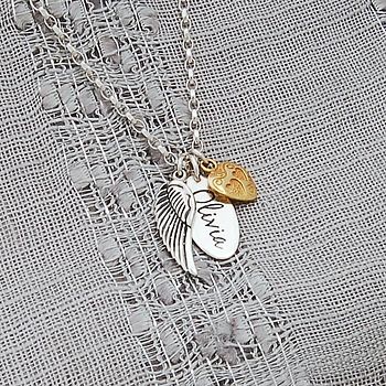 Personalised Silver Name Necklace with Angel Wing and Heart Charms, 6 of 10