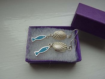 Silver Shell And Fish Earrings, 2 of 4