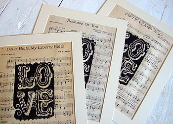 Handprinted Vintage Sheet Music Love Print, 6 of 7