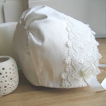 Christening Bonnet With Lace Trim, 2 of 5