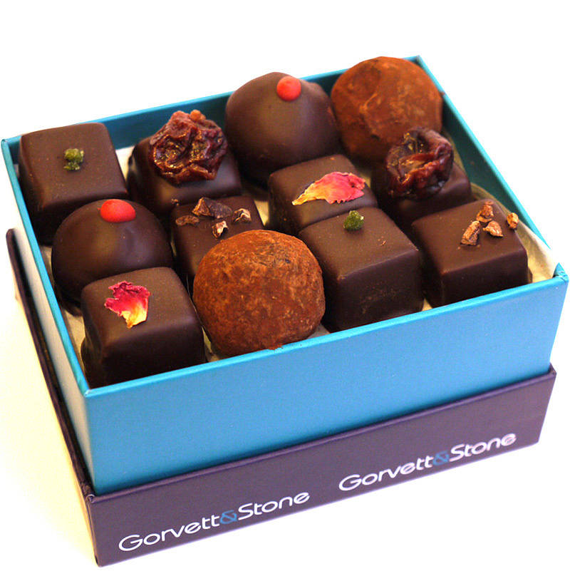box of dark chocolate fresh cream truffles by gorvett & stone