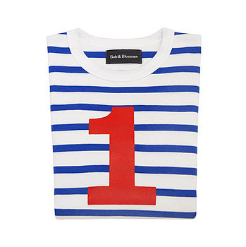 French Blue + White Breton Striped Number/Age T Shirt, 2 of 6