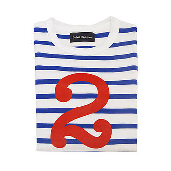 French Blue + White Breton Striped Number/Age T Shirt, 3 of 6