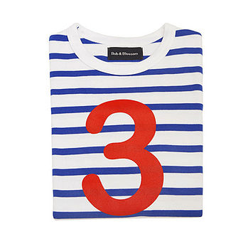 French Blue + White Breton Striped Number/Age T Shirt, 4 of 6