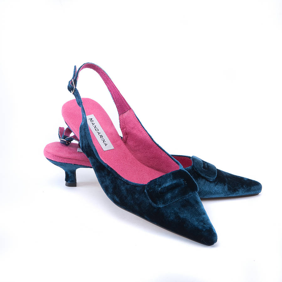 teal velvet slingback kitten heels by mandarina shoes ...
