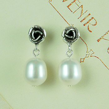 Silver Rose Pearl Drop Earrings, 2 of 7