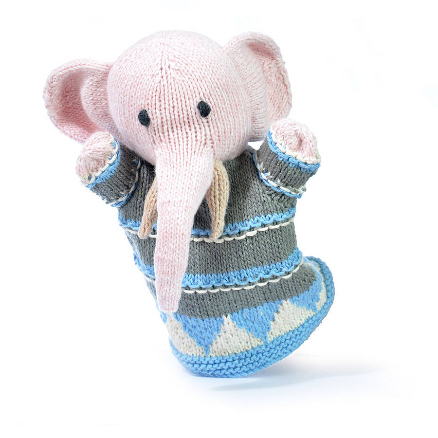 Hand Knitted Organic Cotton Elephant Puppet