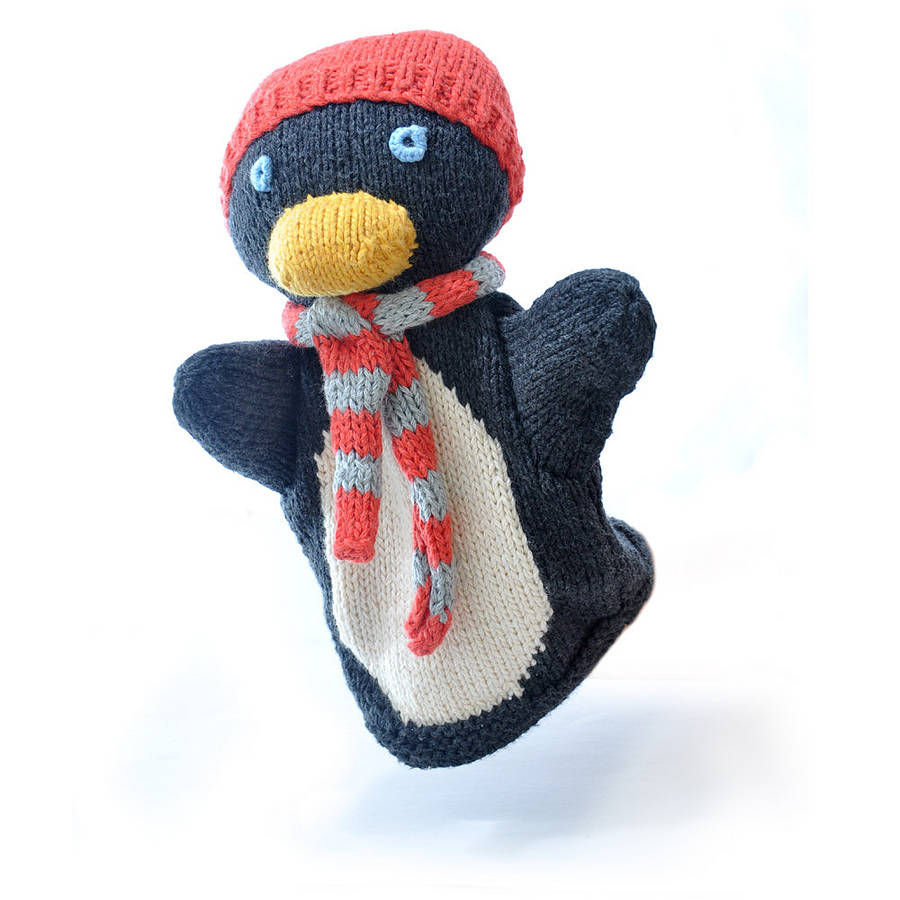 Hand Knitted Organic Cotton Penguin Puppet
