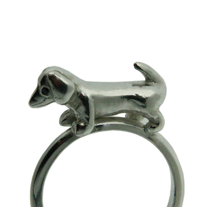 sausage dog ring silver and black diamond by rock cakes