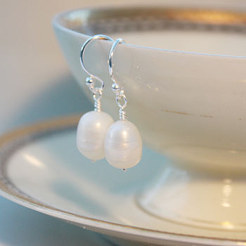 White Pearl Drop Earrings On Sterling Silver Hooks, 6 of 6