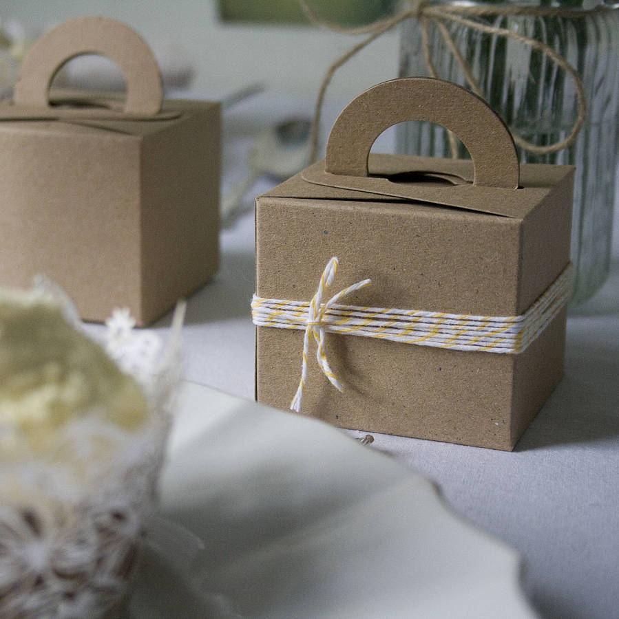 set of ten recycled brown kraft or oatmeal favour boxes by wedding in a
