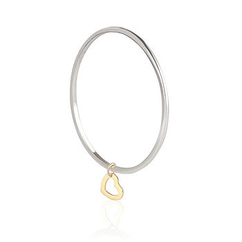 Silver Bangle With Two 9ct Gold 'Love' Rings By Argent of London
