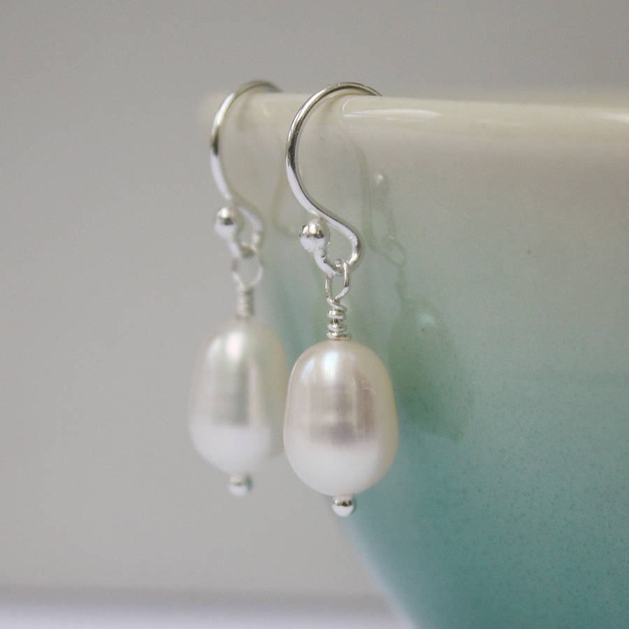 White Pearl Drop Earrings On Sterling Silver Hooks By Claudette Worters
