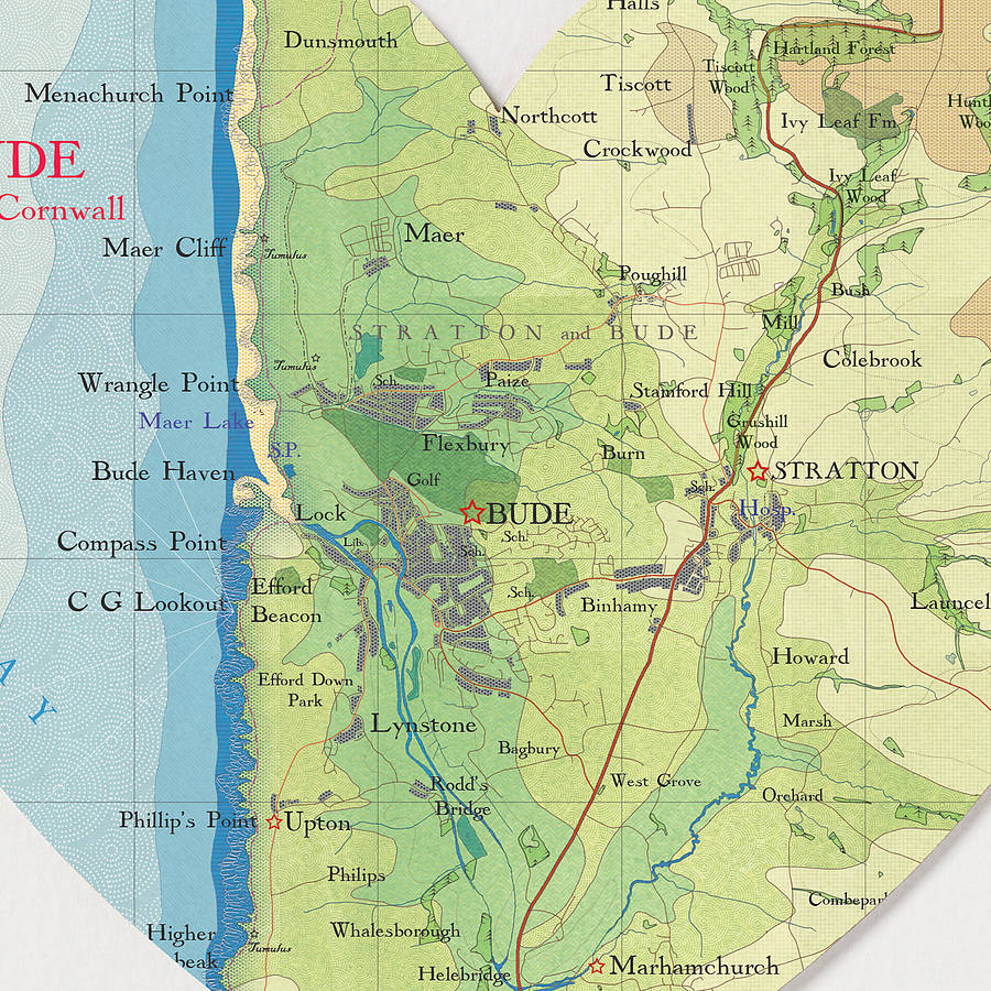Bude Map Heart Print By Bombus Off The Peg Notonthehighstreet